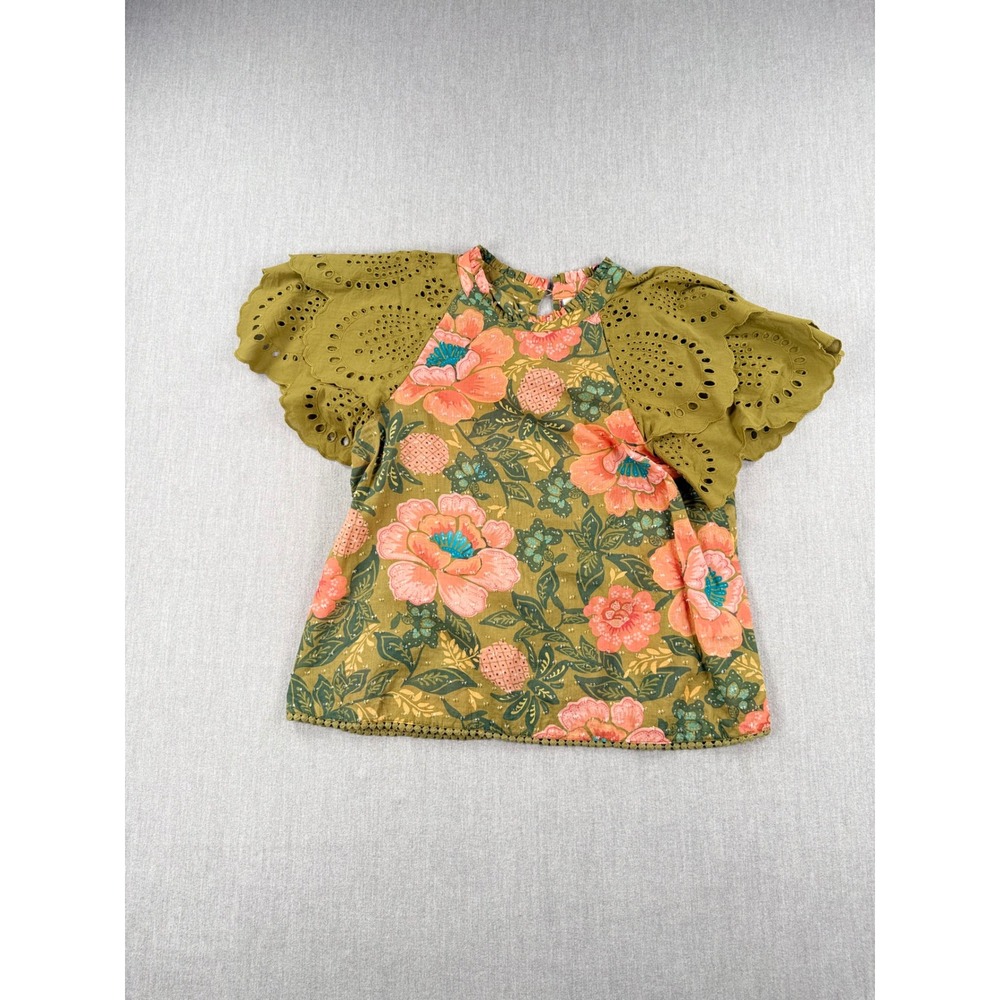 Farm Rio for Anthropologie Floral Eyelet Flutter Sleeve Blouse Green Small